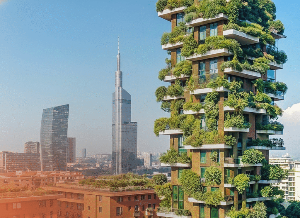 Two towering residential skyscrapers in Milan, known as Bosco Verticale, covered entirely in lush green trees and vegetation, with modern glass buildings in the background under a clear blue sky.
