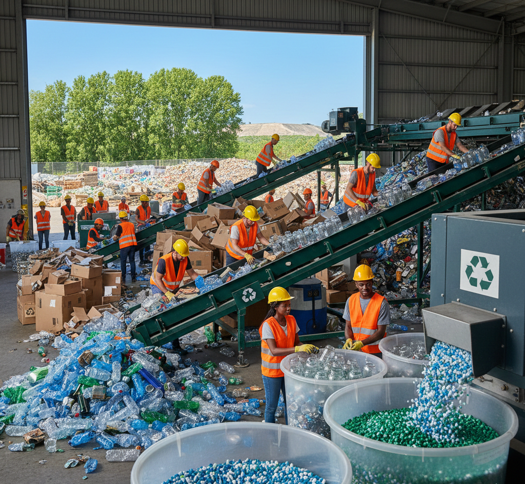 A bustling indoor recycling facility with diverse workers in orange safety vests and yellow hard hats sorting plastic bottles, cans, and cardboard on conveyor belts. In the foreground, a machine with a green recycling symbol pours fresh blue and green plastic pellets into bins. The background shows lush green trees and a clear blue sky through a large open warehouse door.