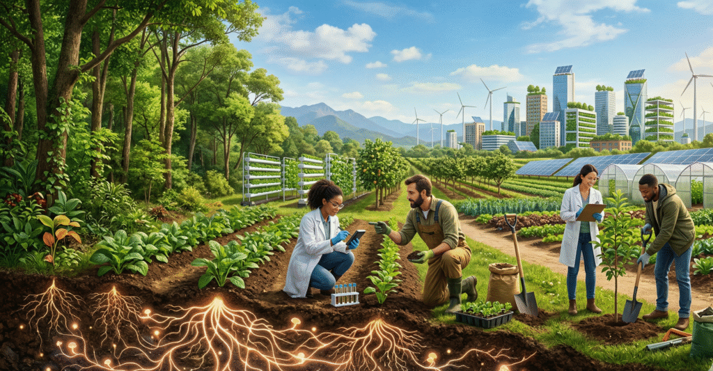 A hopeful environmental scene showing a lush green forest merging into a sustainable farm landscape, with glowing underground fungal networks in the soil symbolizing carbon capture and **environment 2026** progress. In the background, a clean city skyline with solar panels and wind turbines sits under a bright blue sky, while farmers and scientists work together in the foreground, planting trees and examining soil, conveying collaboration, innovation, and a healthy planet.