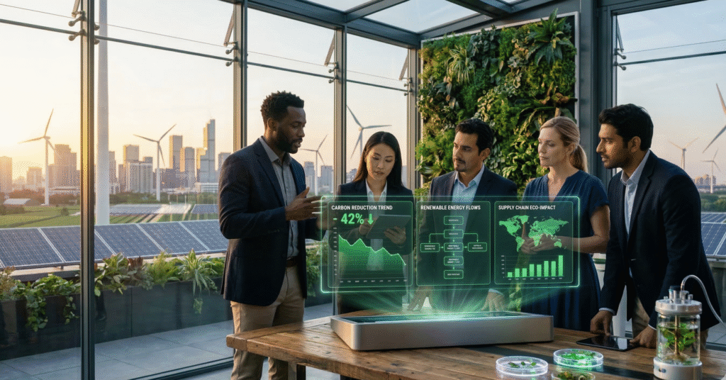 Diverse executives collaborate in a modern boardroom, using holographic AI dashboards that display green performance metrics and insights related to technology in sustainability. The workspace is surrounded by vertical gardens and large windows overlooking a city with wind turbines, highlighting how modern businesses combine innovation, digital tools, and environmental responsibility to drive sustainable corporate strategies.