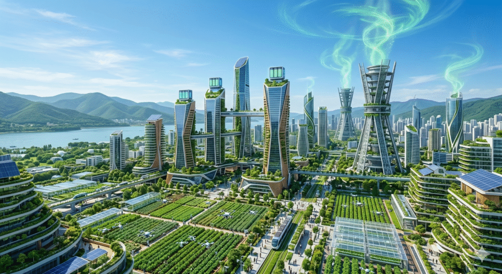 Futuristic 2026 green tech city blending advanced batteries, carbon capture towers, and AI-driven sustainable farms for a cleaner planet.