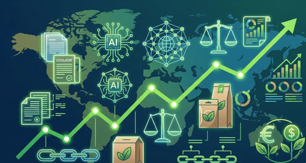 Abstract illustration of a world map overlaid with an upward green trend line and ESG icons including regulatory documents, AI circuits, justice scales, data charts, eco-packaging, supply chains, and green currency symbols, representing key sustainability trends for 2026.