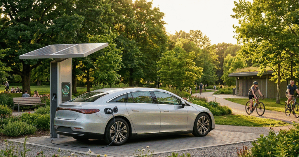 A photorealistic image depicts a sleek silver electric car plugged into a modern charging station in a lush urban park, featuring solar panels on the charger, surrounding green trees, cyclists in motion, and golden hour sunlight creating soft shadows, with a glowing battery indicator at 75%.
