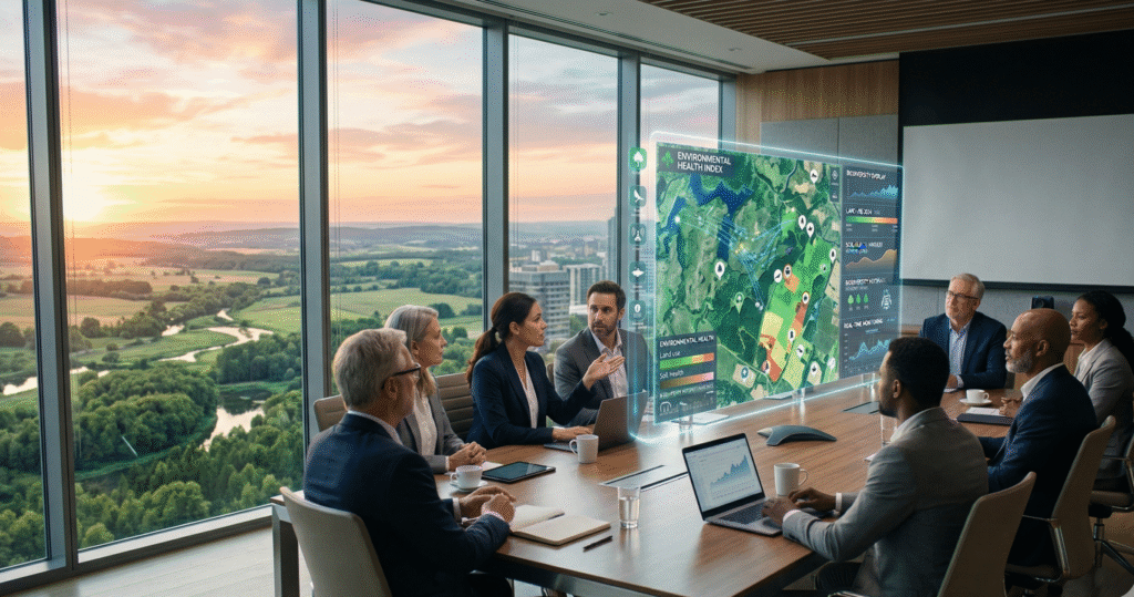 Modern corporate boardroom with executives around a conference table looking at a transparent holographic screen that shows real-time environmental data, including satellite maps of land use, soil health layers, biodiversity hotspots, and bird-flight paths, highlighting the role of AI sustainability in blending nature and technology within a professional, eco-conscious setting.