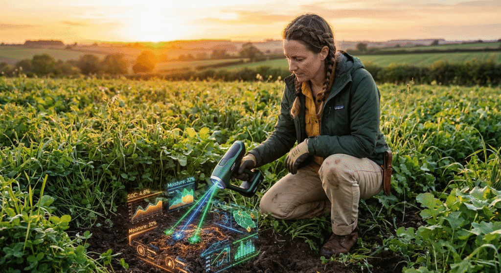 Farmer using portable laser scanner to measure soil carbon in lush regenerative field at sunset, with holographic data visualization overlays.