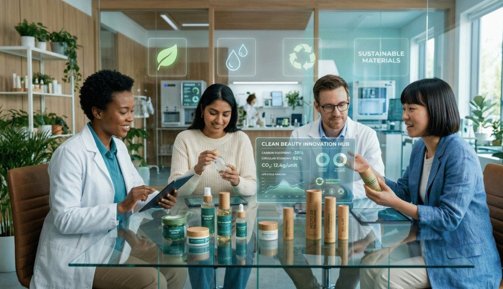 Diverse group of scientists and startup founders collaborating in a modern beauty innovation lab, with eco‑friendly cosmetic products, biodegradable packaging made from seaweed and recycled materials, and digital dashboards showing sustainability data and circular‑economy icons in the background.