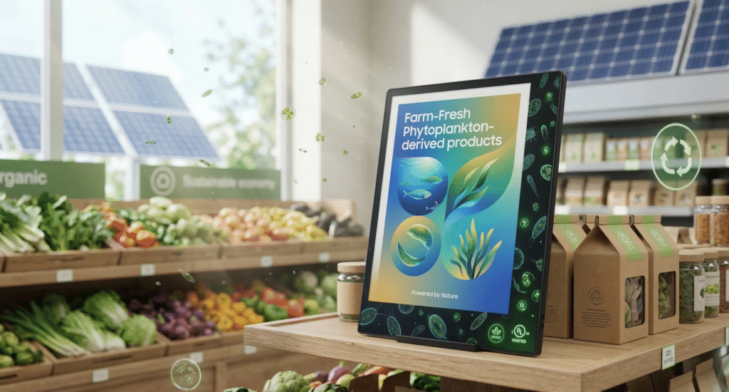 Hyper-realistic Samsung 13-inch Color E-Paper display with phytoplankton bio-resin housing on sustainable retail shelf, showcasing eco-friendly digital signage innovation for agriculture and green tech.