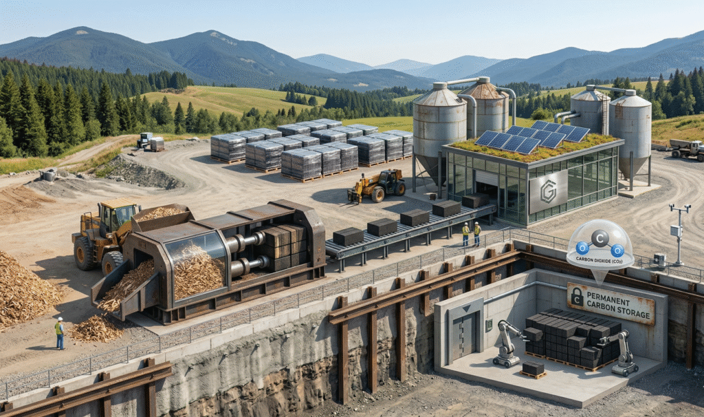 A sustainable landscape showing a healthy forest bordering a clear river, with small farms in the background and a diverse group of people planting trees, checking water flow, and inspecting a solar‑powered water pump, symbolizing integrated forest and water management for resilient agrifood systems.