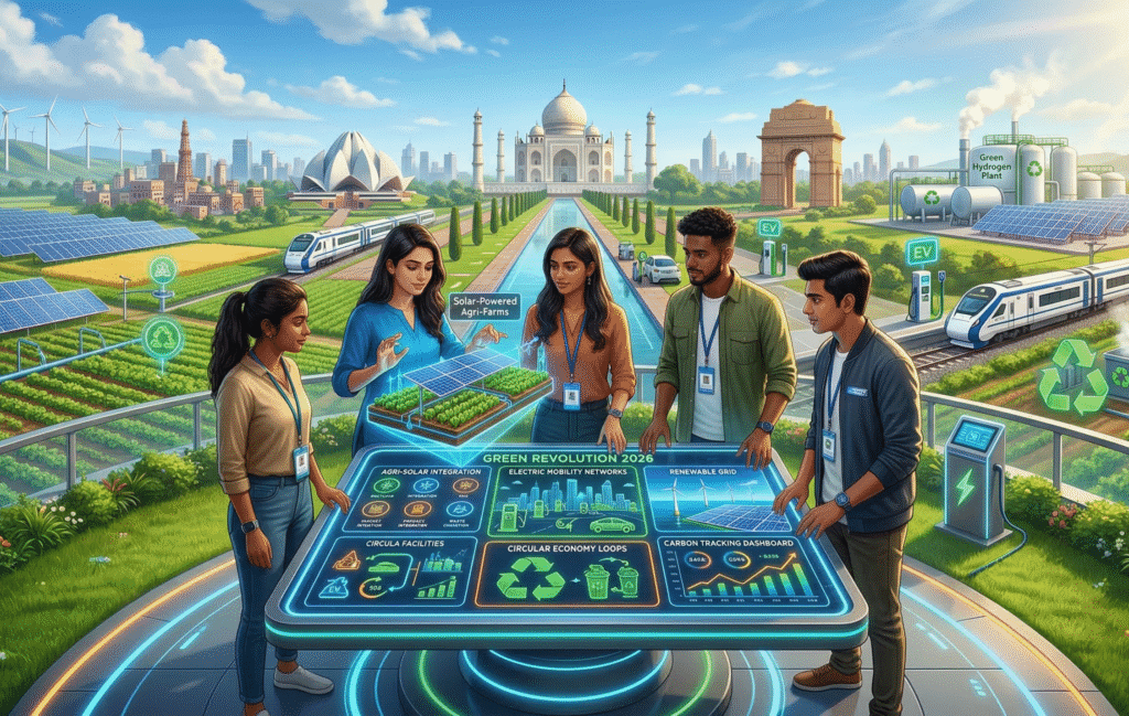 Photorealistic illustration of young Indian innovators collaborating on holographic displays showing solar-powered farms, EV charging stations, wind turbines, and carbon tracking tools against a backdrop of green fields and Indian landmarks.
