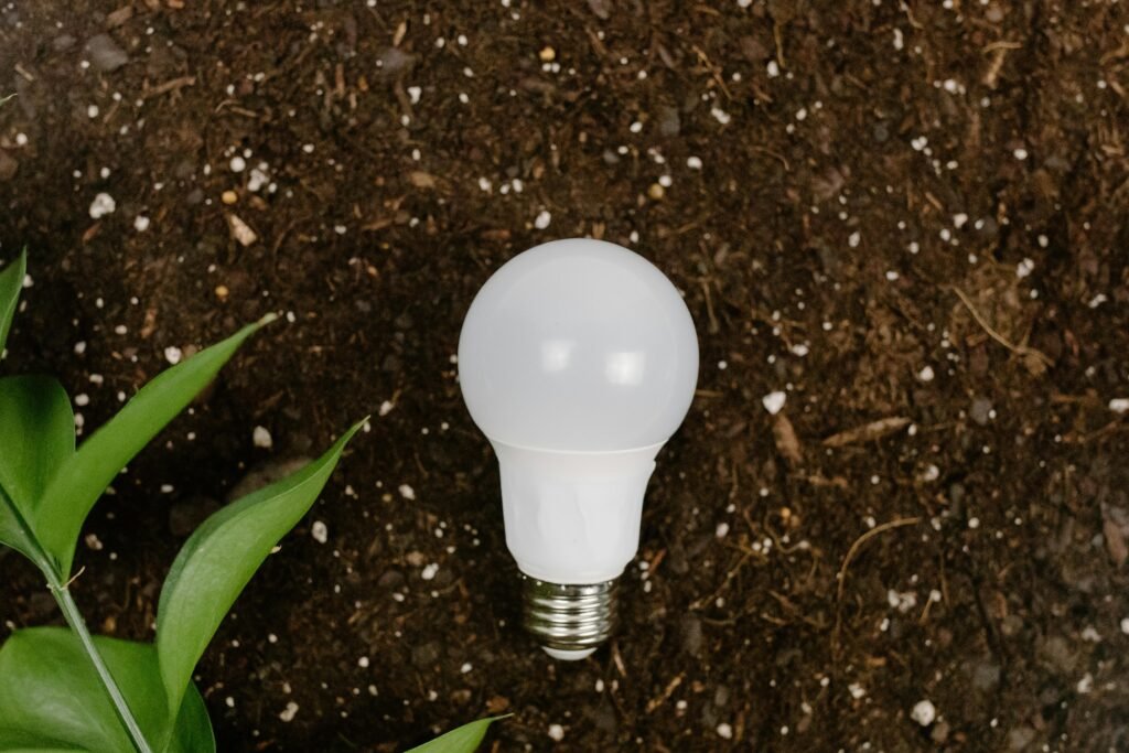 Close-up of a white light bulb emerging from brown soil, symbolizing innovative climate tech ideas taking root in sustainable agriculture for 2026 trends.