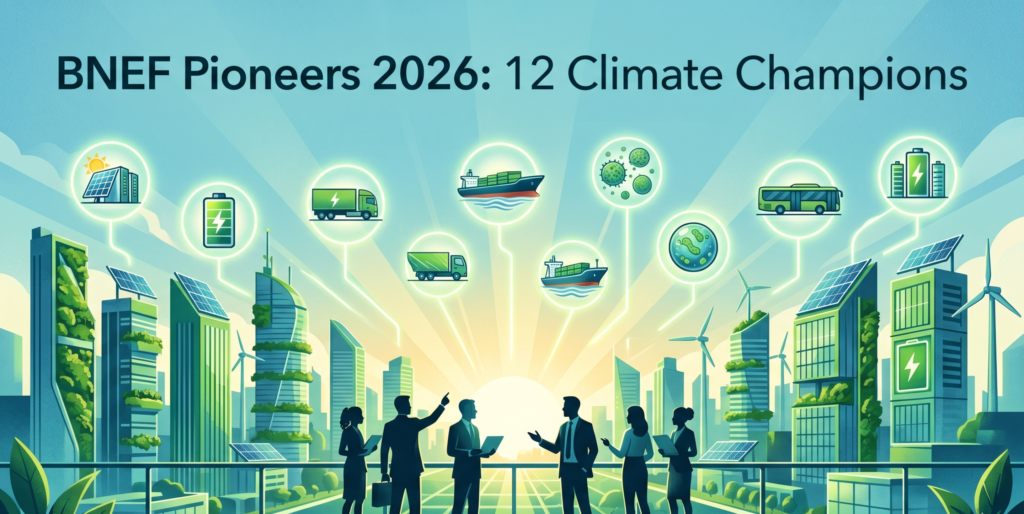 Vibrant illustration of a futuristic eco-city at dawn, featuring 12 glowing icons for BNEF Pioneers 2026 winners: solar data centers, batteries, electric trucks, ships, carbon capture orbs, and buses amid green skyscrapers, with golden sunlight and text "BNEF Pioneers 2026: 12 Climate Champions" overlay.