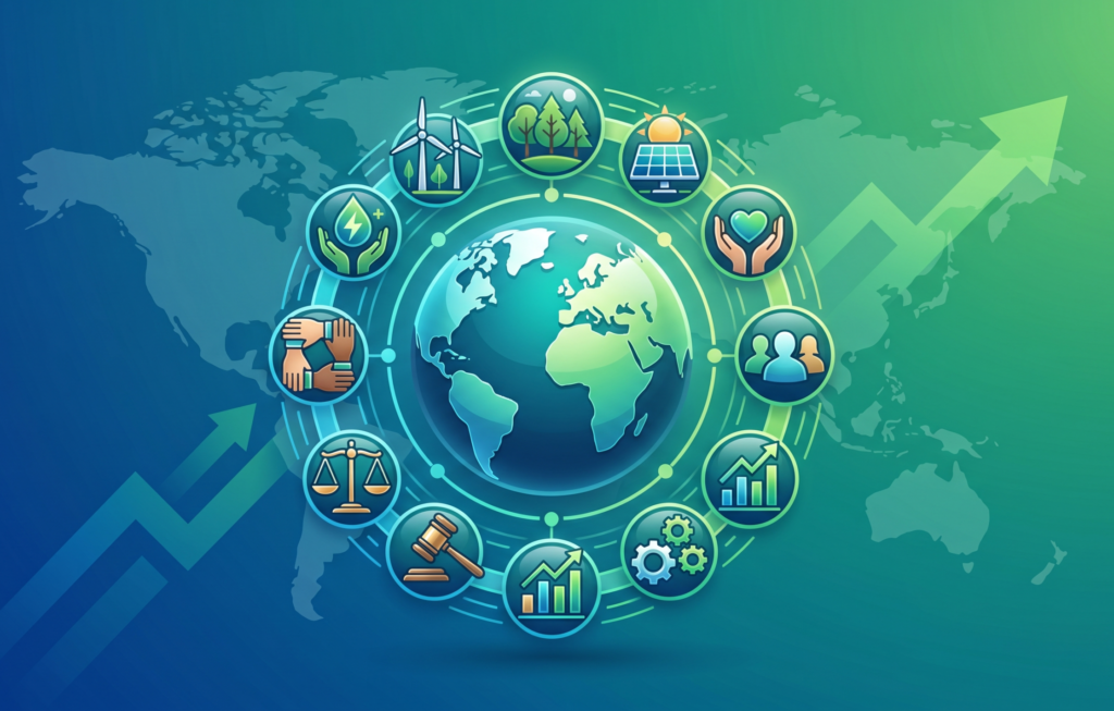 give me the alt text for this image A professional digital illustration of a glowing globe encircled by icons for ESG themes: wind turbines and forests for environment, diverse hands linking for social responsibility, and scales with charts for governance. Blue-green gradient background with faint world map and upward arrows, conveying global sustainability compliance and growth.