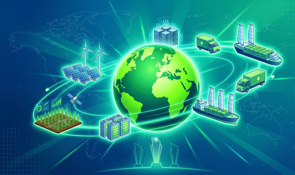 Vibrant 16:9 header illustration for BloombergNEF 2026 Pioneers Award blog, showing 12 glowing green tech icons orbiting Earth: solar panels, wind turbines, efficient data centers, electric trucks, wind-sail ships, batteries, and sustainable crops, in futuristic blue-green tones with light rays and subtle trophy.