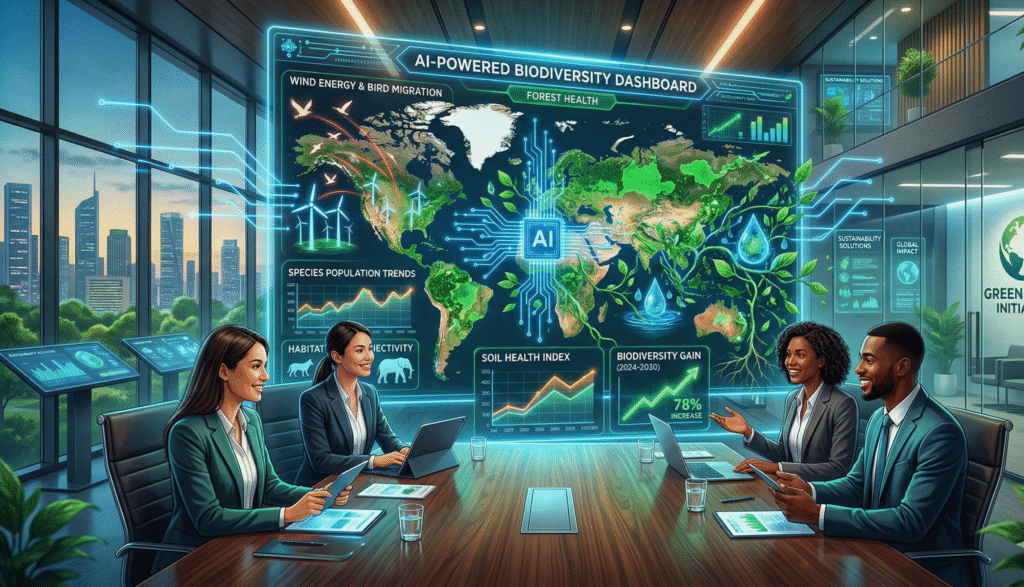 Vibrant digital illustration of executives in a modern boardroom analyzing a holographic AI dashboard with biodiversity maps, satellite imagery, wildlife icons, and soil charts, blending glowing blue tech circuits with lush green ecosystems to highlight sustainability innovation.