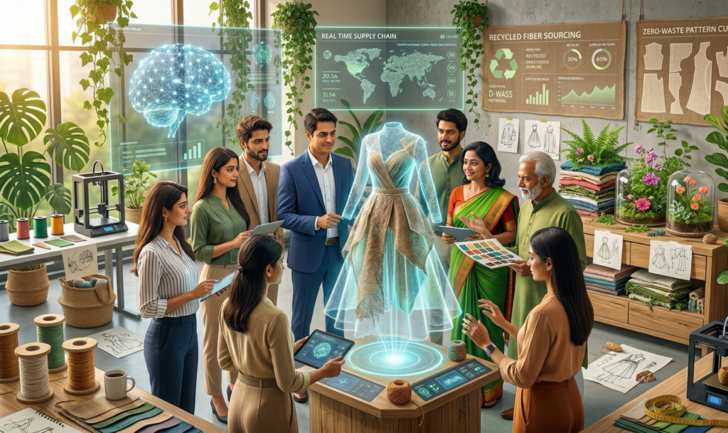 Futuristic fashion studio where diverse designers collaborate on a glowing holographic 3D garment prototype made from recycled and organic fabrics, showcasing AI fashion sustainability through neural network patterns on screens displaying sustainable supply chain data, while discarded fabrics transform into plants in the background, all in a photorealistic cinematic style.