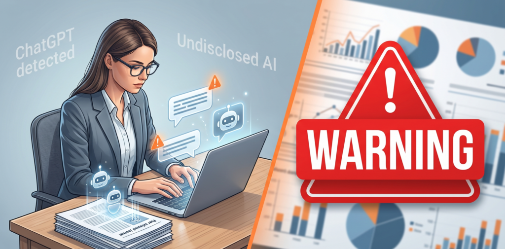 Infographic-style illustration split into two panels: left side depicts a researcher typing on a laptop with glowing AI chatbot icons merging into journal papers; right side shows a red warning sign over blurred scientific charts in blue-gray tones with orange accents.