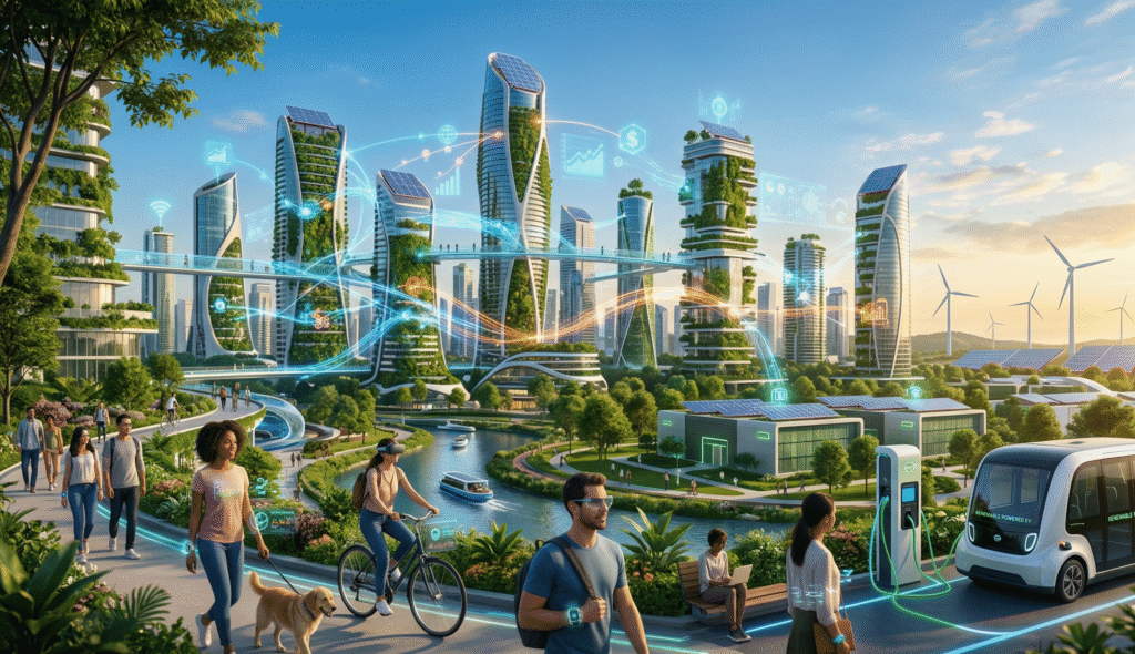 A photorealistic view of a futuristic sustainable city in 2030, highlighting the green digital economy with skyscrapers featuring vertical gardens and solar panels, glowing data streams linking smart buildings, people using wearable health tech in clean air, wind turbines, EV stations, and green data centers amid parks, all under golden hour lighting.