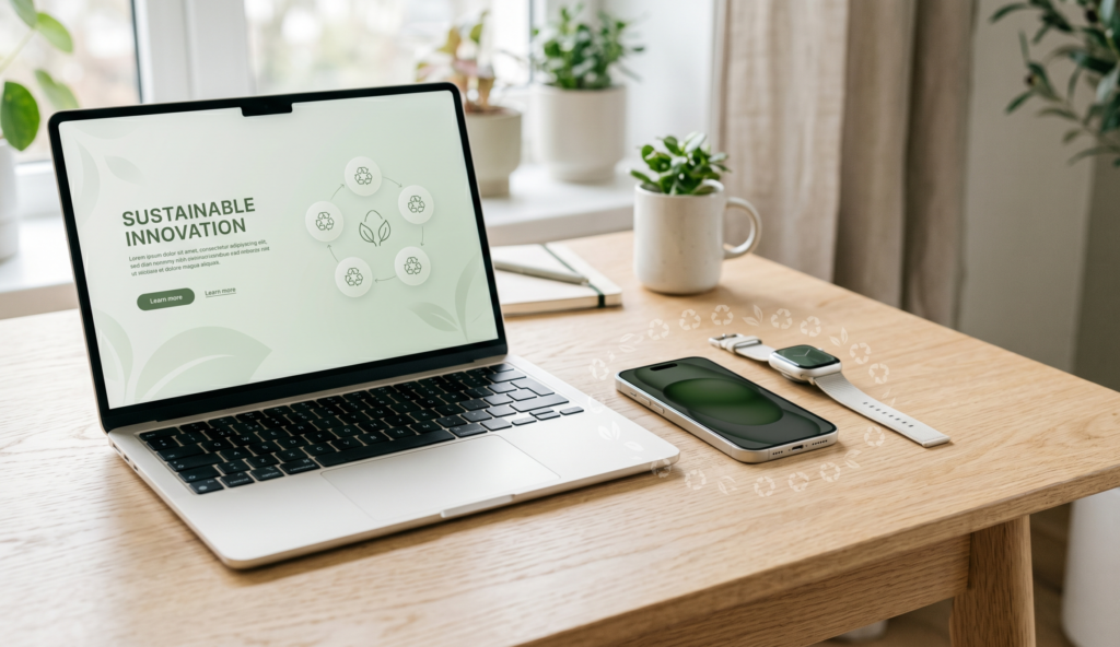 Apple devices including an iPhone, Apple Watch, and MacBook arranged on a light wooden table, with subtle circular arrows or recycling icons around them to represent sustainable, recycled materials, in a soft green and white eco‑friendly color palette.
