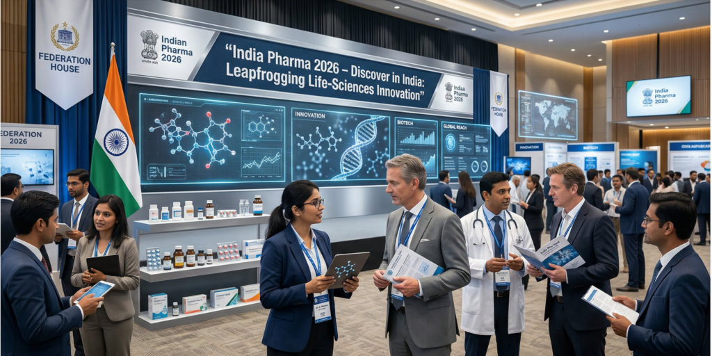 A professional conference scene for “India Pharma 2026” in New Delhi, showing a modern hall with a sleek stage backdrop featuring the event title “India Pharma 2026 – Discover in India: Leapfrogging Life‑Sciences Innovation.” Diverse delegates, scientists, and industry executives converse in the foreground, with subtle visual elements of innovation such as glowing DNA strands, molecular structures, and digital dashboards in the background, alongside a prominent Indian flag and generic medicine bottles and vials to represent the pharmaceutical sector.