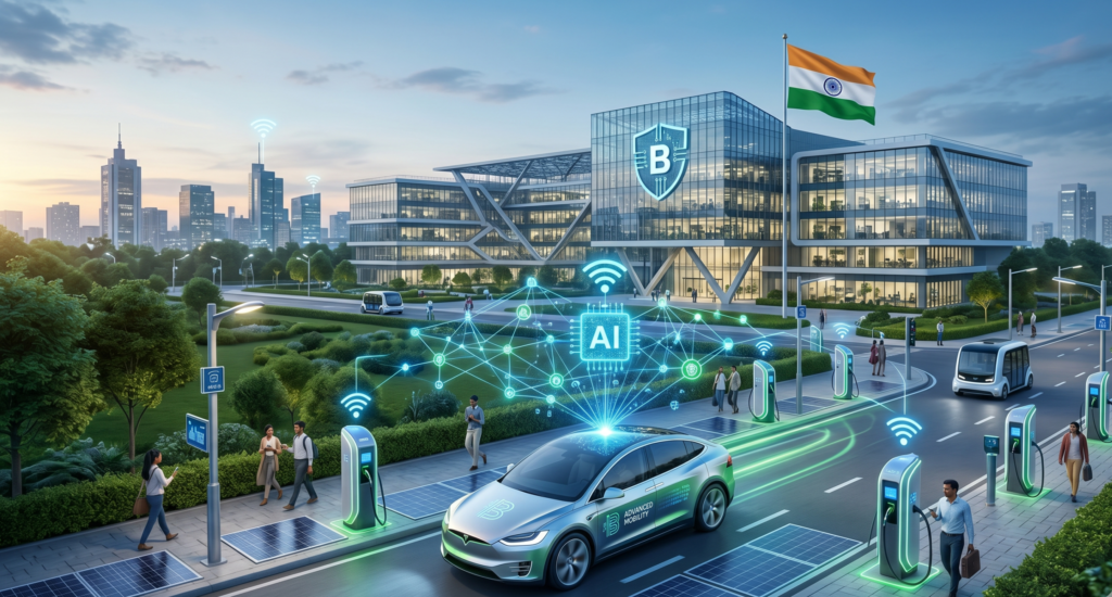 A futuristic scene of an electric car driving on a smart urban road in India, representing Bosch AI strategy, connected to a network of AI and data streams overhead, with a high-tech Bosch-style campus and Indian flag in the background, symbolising innovation, electrification, and advanced mobility technology.