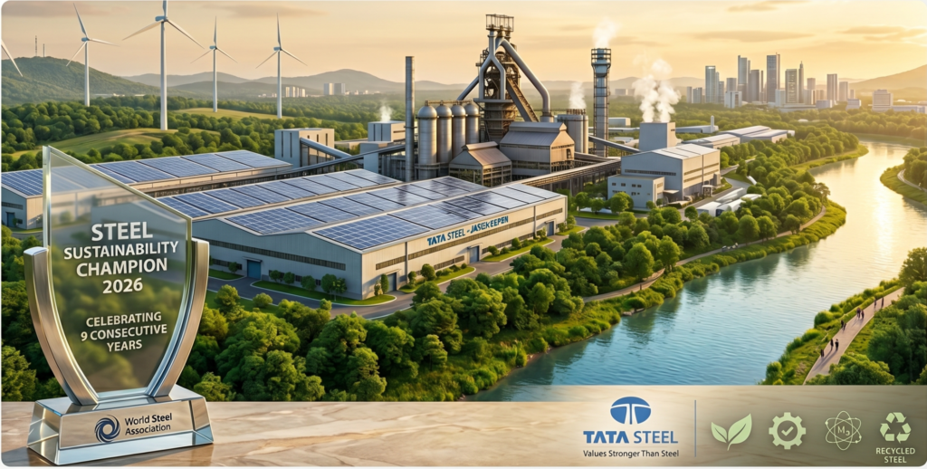 Illustrative image of Tata Steel's 2026 Sustainability Champion trophy amid a modern eco-friendly steel plant with solar panels, wind turbines, lush forests, and golden hour sunlight, highlighting industry-nature harmony.