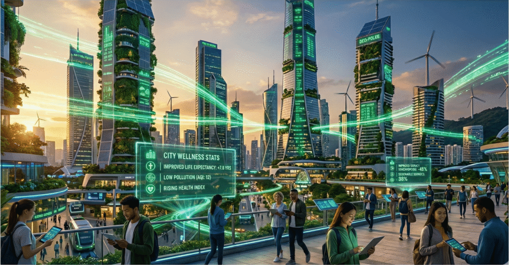 A futuristic cityscape at dusk featuring glowing green digital data streams connecting skyscrapers adorned with vertical gardens and solar panels, people interacting with smart devices in clean, pollution-free air, gentle wind turbines, and holographic displays of energy savings and health improvements, rendered in emerald greens, blues, and golds for a sustainable tech atmosphere.