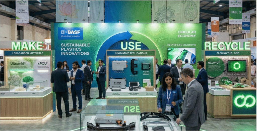 Photorealistic image of BASF's vibrant exhibition booth at PlastIndia 2026 in New Delhi, featuring sustainable plastics displays with recyclable automotive parts, biodegradable packaging, and consumer electronics components in Make, Use, and Recycle zones, surrounded by professionals, glowing recycling symbols, and green-blue circular economy theme.