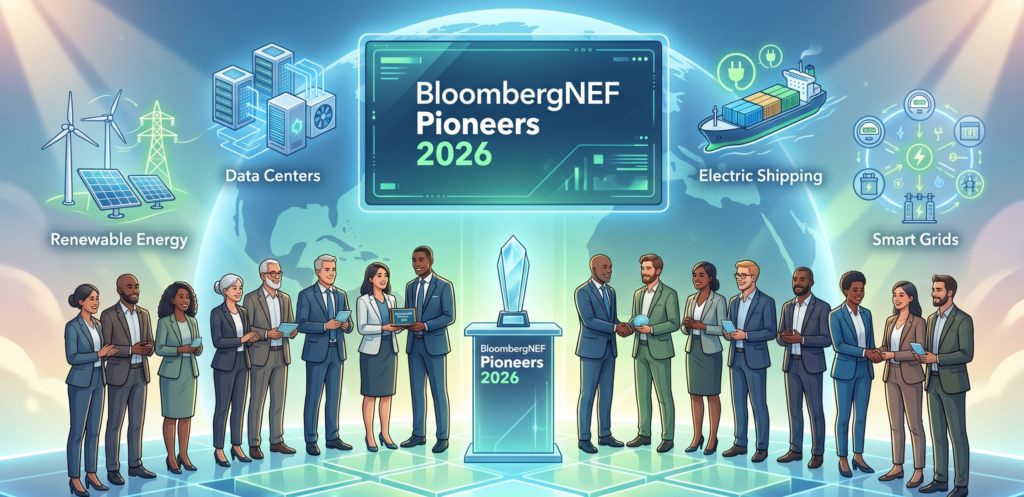 Illustration of 12 climate‑tech startups receiving the BloombergNEF Pioneers 2026 Award on a digital stage, with icons representing renewable energy, data centers, smart grids, and low‑carbon transport, styled as a modern, professional blog banner.