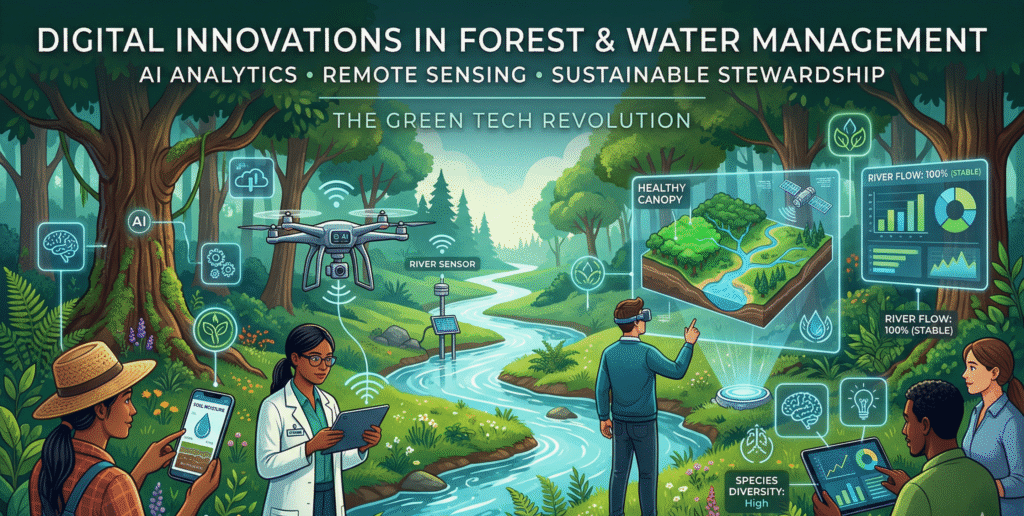 Vibrant digital illustration of a lush forest landscape with a flowing river, featuring diverse farmers, women, and tech experts using smartphones, drones, and satellite holograms to monitor tree health and water flow. Includes subtle AI analytics icons and eco-friendly elements in greens, blues, and earth tones, styled as a futuristic infographic header for sustainability innovations.