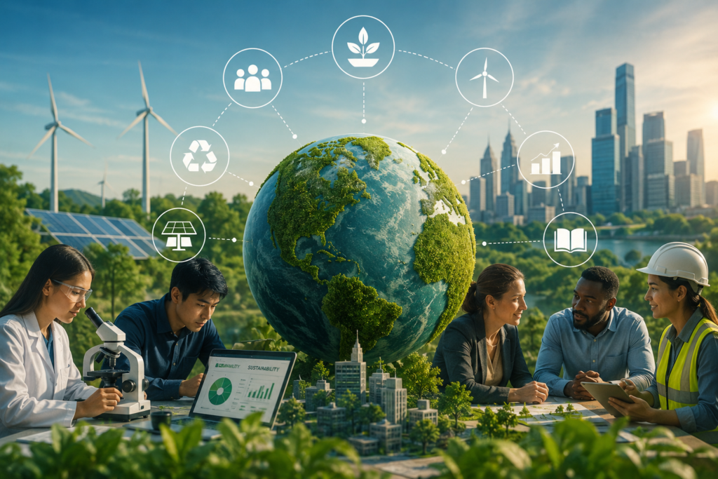 A diverse group of professionals collaborating around a digital globe in a sustainable urban landscape with renewable energy, data visualization, research, and green technology, representing innovation, knowledge sharing, and sustainable progress for the future.