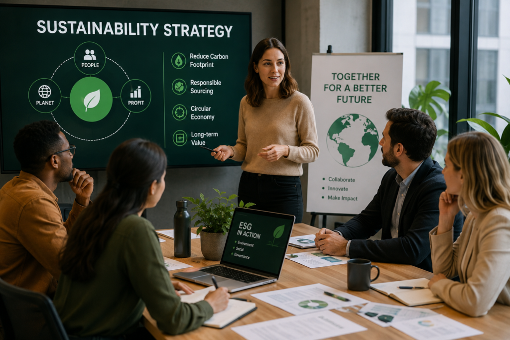 Business professionals discussing sustainability strategy in a modern office meeting, with visual presentations focused on ESG goals, responsible sourcing, circular economy, and long term business value, representing the growing role of sustainability teams in business decision making.