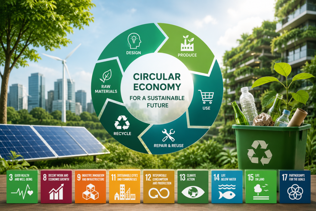 Circular economy infographic showing resource reuse, recycling, renewable energy, sustainable cities, and Sustainable Development Goals supporting long term environmental and economic development.