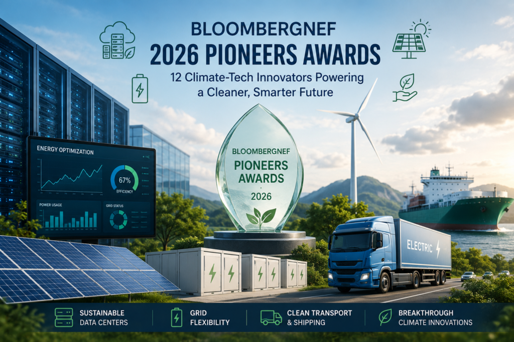 Illustrated editorial infographic showing BloombergNEF 2026 Pioneers Awards centered around a glowing green energy trophy in front of a digital Earth, surrounded by icons representing clean energy innovations such as solar panels, wind turbines, electric trucks, shipping decarbonization, energy storage, grid flexibility, data center sustainability, and AI-driven technologies, highlighting global climate-tech solutions for a cleaner future.
