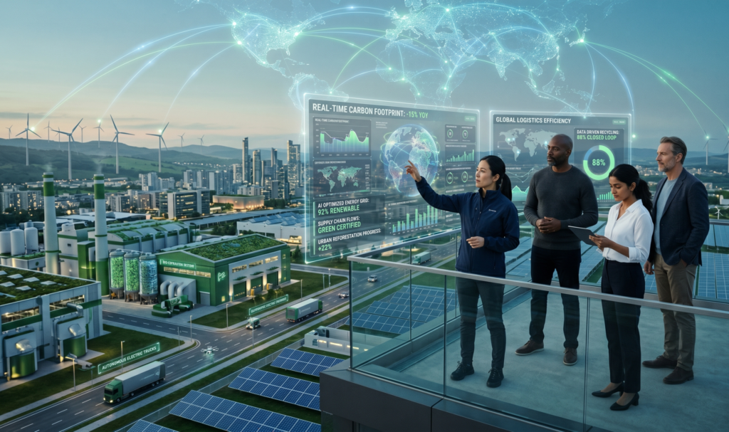 Futuristic smart city and industrial landscape showing AI and sustainability transformation through renewable energy systems like wind turbines and solar panels, with professionals analyzing holographic data dashboards tracking emissions, efficiency, and global environmental impact.