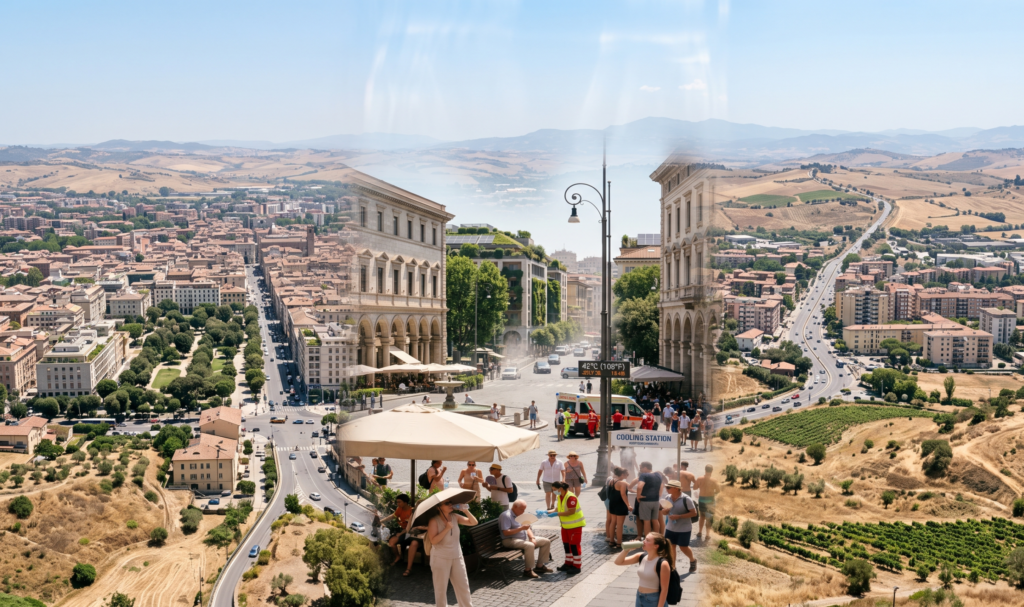 Hyper realistic view of a European city during an extreme summer heatwave showing people seeking shade, visible heat haze, emergency response activity, and climate adaptation measures highlighting the growing impact of climate change across Europe.