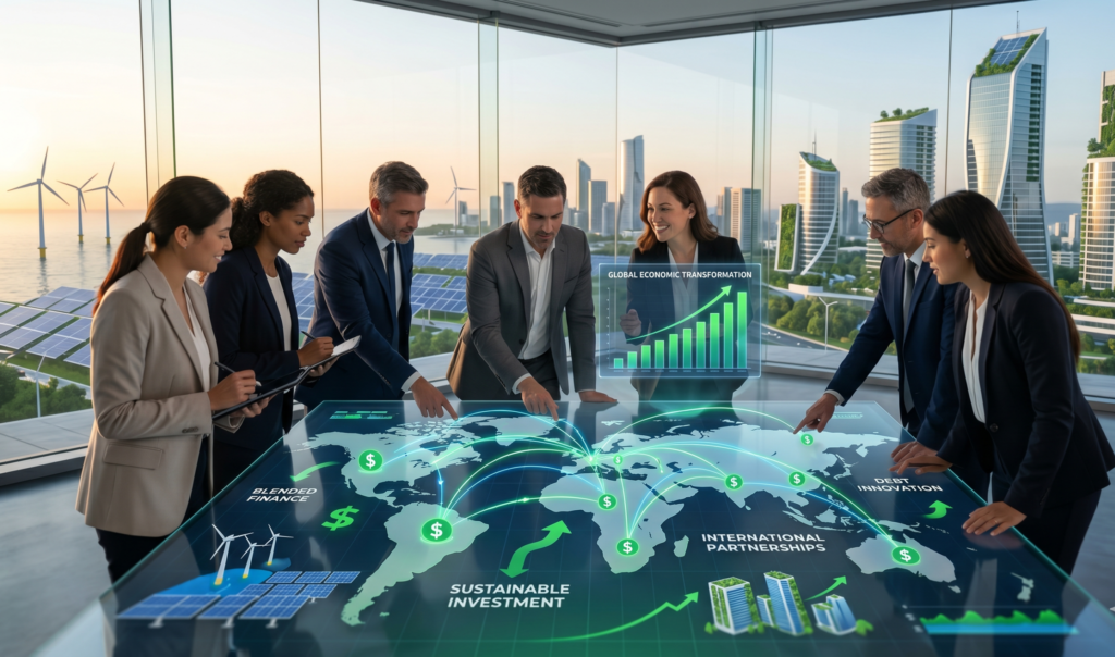 Sustainable development financing concept showing global green investment, renewable energy projects, financial partnerships, and sustainable infrastructure supporting future economic growth.