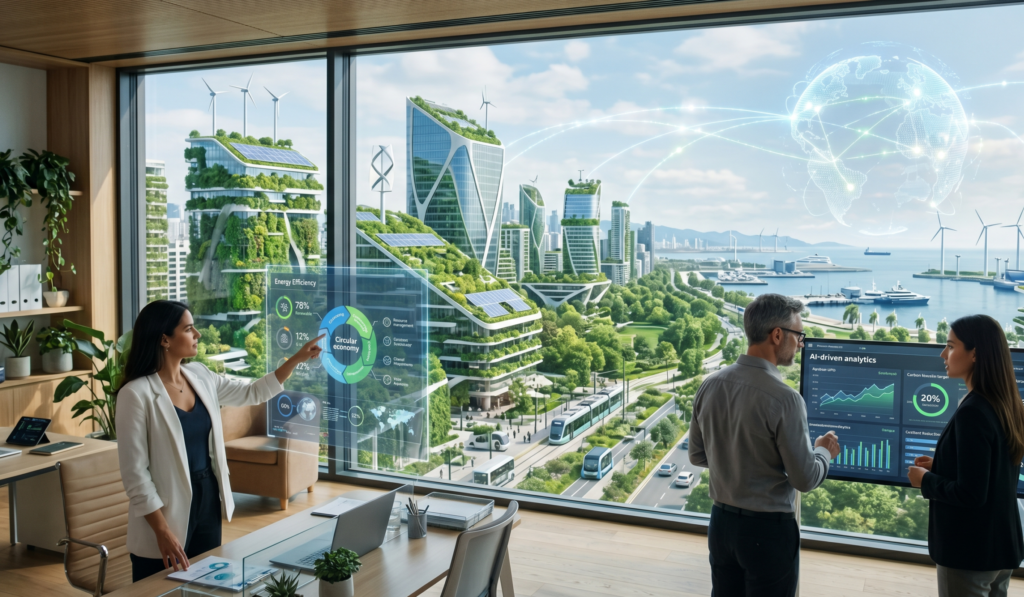 A futuristic smart city showing the future of sustainable business in 2026, with green buildings, solar panels, wind turbines, and digital data interfaces. Business professionals are analyzing sustainability metrics on transparent screens, representing the integration of technology, AI, and circular economy practices in modern corporate decision-making.