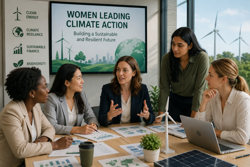 Professional women climate leaders collaborating on global sustainability strategies with renewable energy, clean technology, sustainable finance, and climate resilience planning in a modern eco-friendly office.