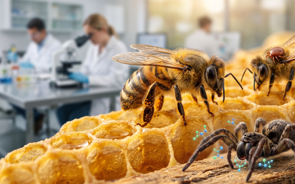 Healthy honeybee on a honeycomb with a Varroa mite and a spider representing venom-based research for sustainable bee protection and pollinator conservation.