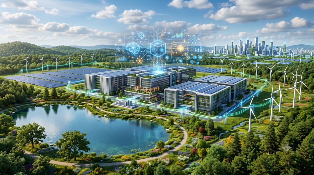 Google Sustainability Report 2026 showing a hyper realistic AI data center powered by solar and wind energy, representing renewable electricity, sustainable technology, and the environmental impact of artificial intelligence.