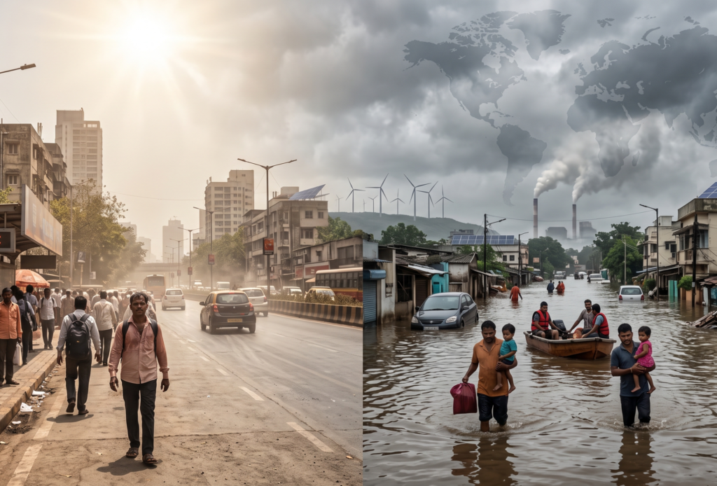 Split-scene illustration showing the impact of global climate change, with a heatwave-affected city on one side and flooded coastal areas on the other, symbolizing extreme weather, environmental disruption, and the global climate crisis. Wind turbines and solar panels appear in the background representing renewable energy transition.