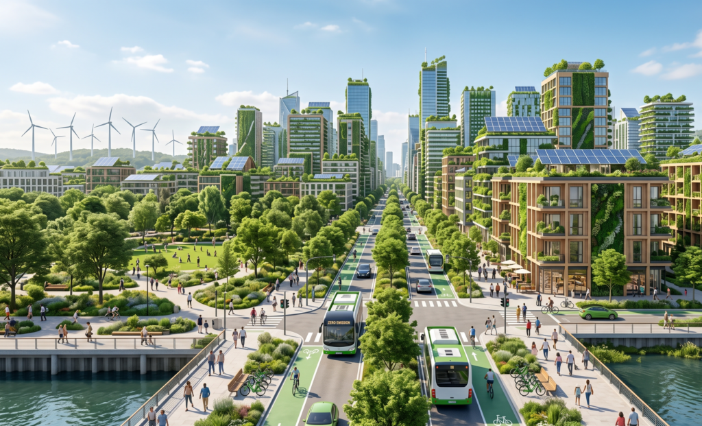 Modern sustainable city with green buildings, solar panels, electric public transport, urban parks, and climate resilient infrastructure representing the future of inclusive and sustainable urban development under SDG 11.