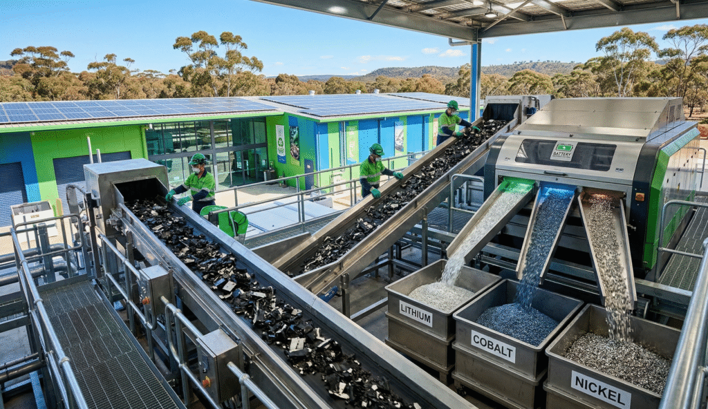 Photorealistic image of a modern Australian lithium-ion battery recycling facility, showcasing lithium battery waste recycling Australia, with workers in safety gear operating conveyor belts carrying shredded black battery materials, sorted streams of recovered lithium, cobalt, and nickel in collection bins, rooftop solar panels, eucalyptus trees, and an outback landscape under a clear blue sky.