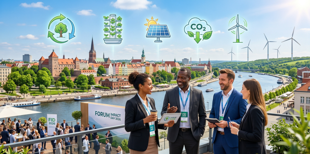Diverse professionals network on a sunlit outdoor stage by Szczecin's Oder River waterfront during Impact Day 2026, with historic architecture, green parks, and distant wind turbines. Subtle icons of vertical farms, solar panels, and circular economy symbols float around, evoking climate innovation and urban resilience for Forum Impact Day 2026.